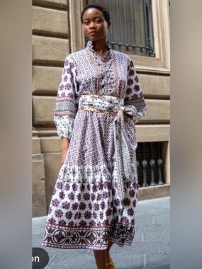 Sue Sartor Long Sleeve Floral Maxi Dress - White & Brown